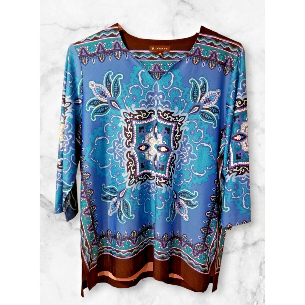 N Touch Women's Top Tunic Multicolor Bohemian Paisley V-Neck  3/4 Sleeve Size 1X